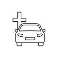 Coffin car line icon. Burial outline transport service. Car with Christian cross.